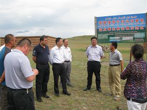 考察人工筑巢招引粉红椋鸟现场