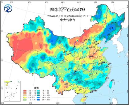 图2 2016年3月至5月中旬降水距平百分率(%)