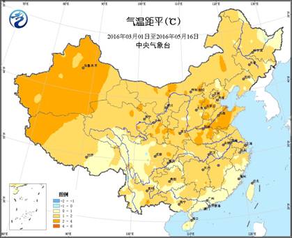 图1 2016年3月至5月中旬气温距平(℃)