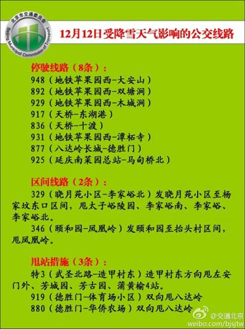 受降雪影响 北京13条公交线路采取停驶或区间措施