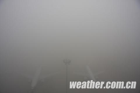 停机坪只能隐约看见近处的几架飞机(程鹏/摄)