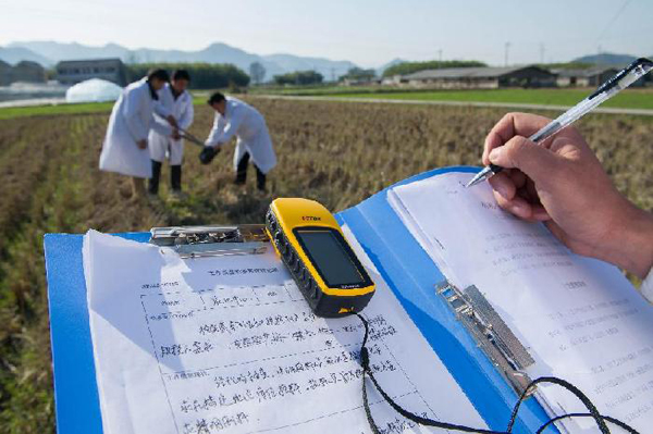 11月30日,安徽省司尔特肥业公司的农业技术人员在种植冬小麦的耕地中取样根部土壤,并通过GPS定位系统记录土壤位置和面积。