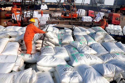2月23日,码头工人在连云港港口码头吊装转运刚从货轮上卸下的春耕化肥。