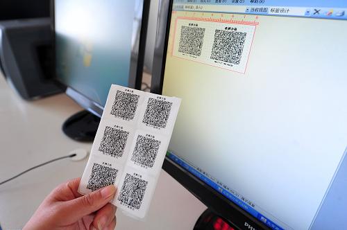 3月19日,在宁夏回族自治区贺兰县新平农业示范园区内,农技人员在展示一组黄瓜的二维码。