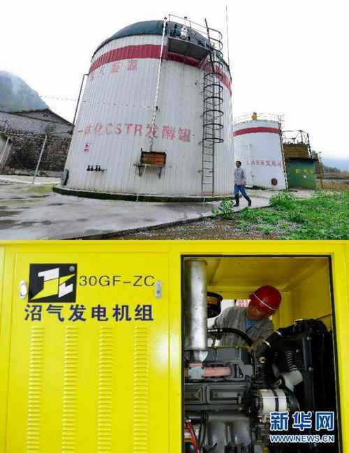 这张拼版照片显示的是:10月21日,湖北省鹤峰县太平镇龙潭村长新畜牧发展有限公司的工人张凤舞在沼气管理室工作(上图);10月21日,鹤峰县太平镇龙潭村的村民刘玉珍在使用沼气做饭(下图)。