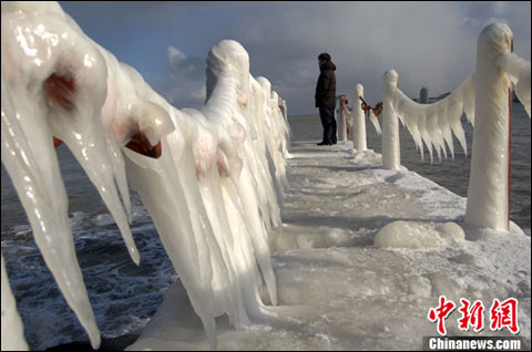 烟台滨海景区现“冰封铁索”奇观(组图)